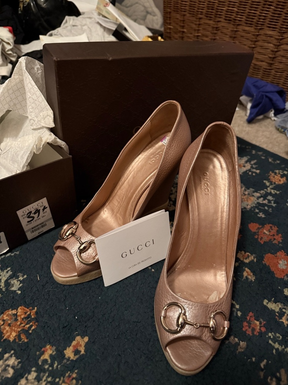 Gucci Metallic Rose Gold Peep-Toe Pumps with Horsebit